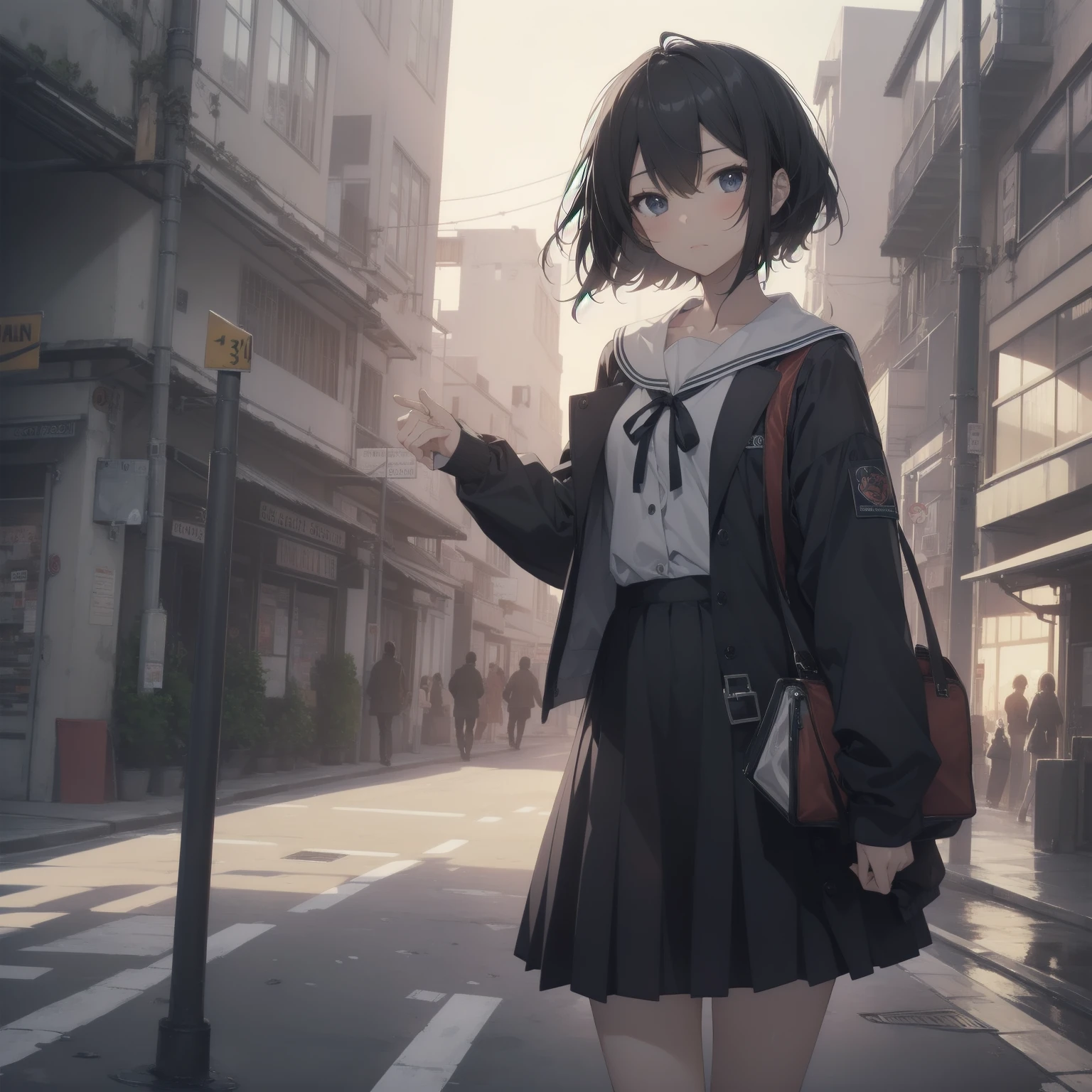 ultra-absurdres-Top quality by artist God, ultra-detailed, high resolution, anime moe artstyle, best anime 8k konachan wallpaper, pixiv contest winner, pool:2810, perfect anatomy,break, 1girl, (Please draw a girl walking sleepily to school alone. )break,(Solo,little female, 13-year-old:1.3),Full limbs, complete fingers,a junior high school student, (very short hair), short cut, flat chest, , small butt, small black eyes, beautiful detailed eyes, well-proportioned iris and pupils, expressive eyes, highres detailed hair, soft expression, salor school_uniform, sailor collar, serahuku, bow, pleated skirt,(Detailed Lighting), (Detailed background), in the School commute route. break,super detailed skin, Best cinematic lighting powered by famous artist, 8k,beauty illustration,photoshop_(medium),very aesthetic,break,((artist:yuuhagi_(amaretto-no-natsu) )), artist:clamp ,artist:carnelian ,artist:kantoku ,