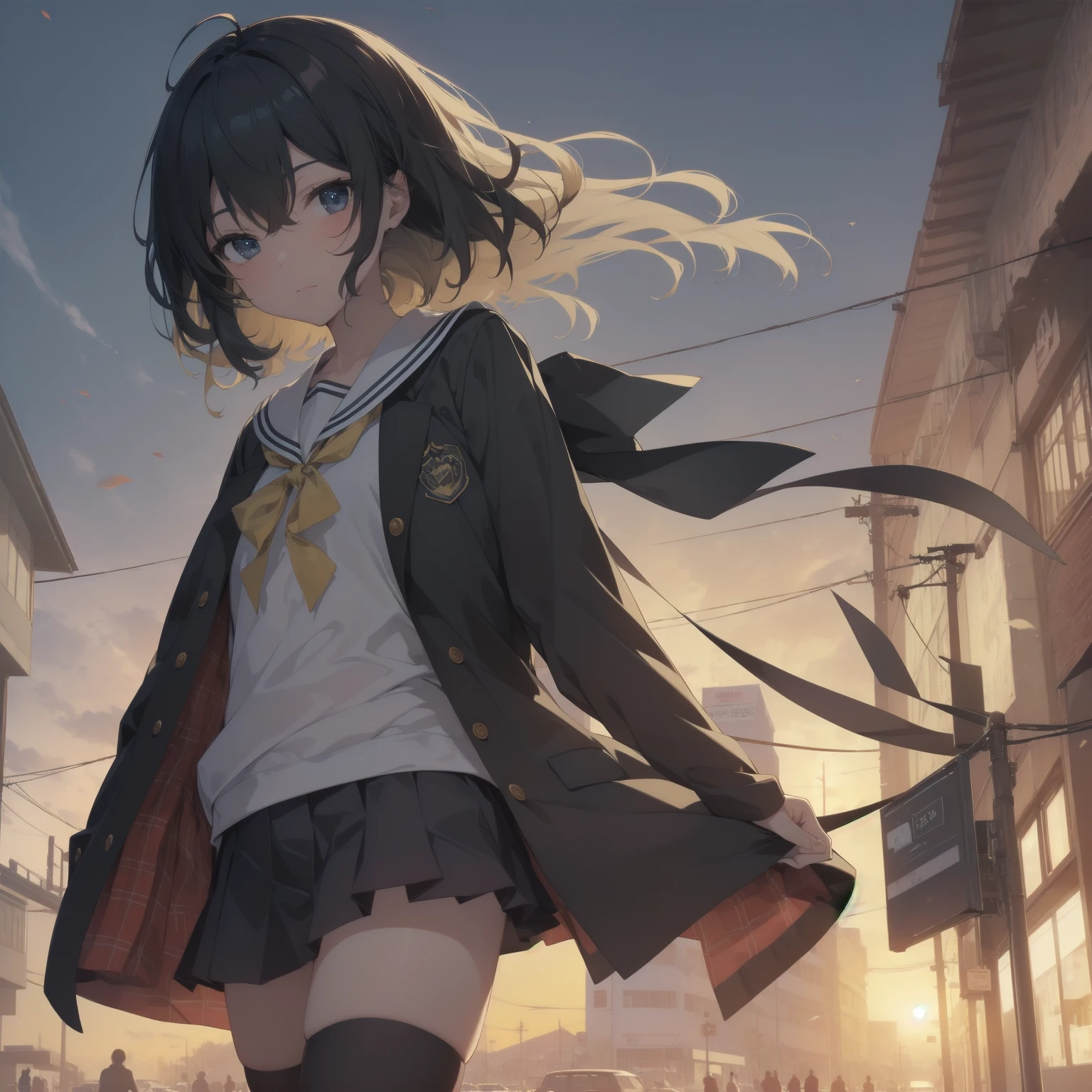 ultra-absurdres-Top quality by artist God, ultra-detailed, high resolution, anime moe artstyle, best anime 8k konachan wallpaper, pixiv contest winner, pool:2810, perfect anatomy,break, 1girl, (Please draw a girl walking sleepily to school alone. )break,(Solo,little female, 13-year-old:1.3),Full limbs, complete fingers,a junior high school student, (very short hair), short cut, flat chest, , small butt, small black eyes, beautiful detailed eyes, well-proportioned iris and pupils, expressive eyes, highres detailed hair, soft expression, salor school_uniform, sailor collar, serahuku, bow, pleated skirt,(Detailed Lighting), (Detailed background), in the School commute route. break,super detailed skin, Best cinematic lighting powered by famous artist, 8k,beauty illustration,photoshop_(medium),very aesthetic,break,((artist:yuuhagi_(amaretto-no-natsu) )), artist:clamp ,artist:carnelian ,artist:kantoku ,