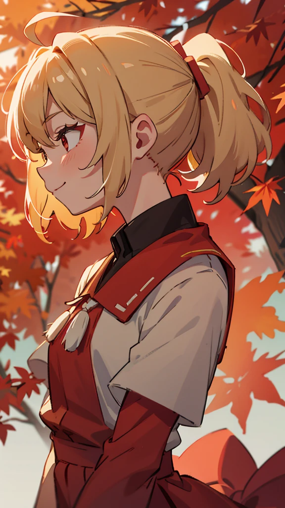 1girl、blonde、ponytail、Round red eyes、Ahoge、red blouse shirt、smile、profile、Face close-up、Perfect lighting、Autumnal leaves々、Momiji Park、Background Blur, Written boundary depth