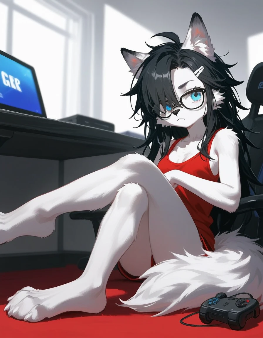 Solo, score_9,score_8_up,score_7_up, a young nerdy Anthro furry wolf woman, white furry body, tall, long black messy hair, hair covering one eye, long bangs, long black hair, blue eyes, black glasses, small breasts, white wolf tail, wearing red tank top, bored expression, sitting on a gamer ch air, legs crossed, barefoot, 4 toes