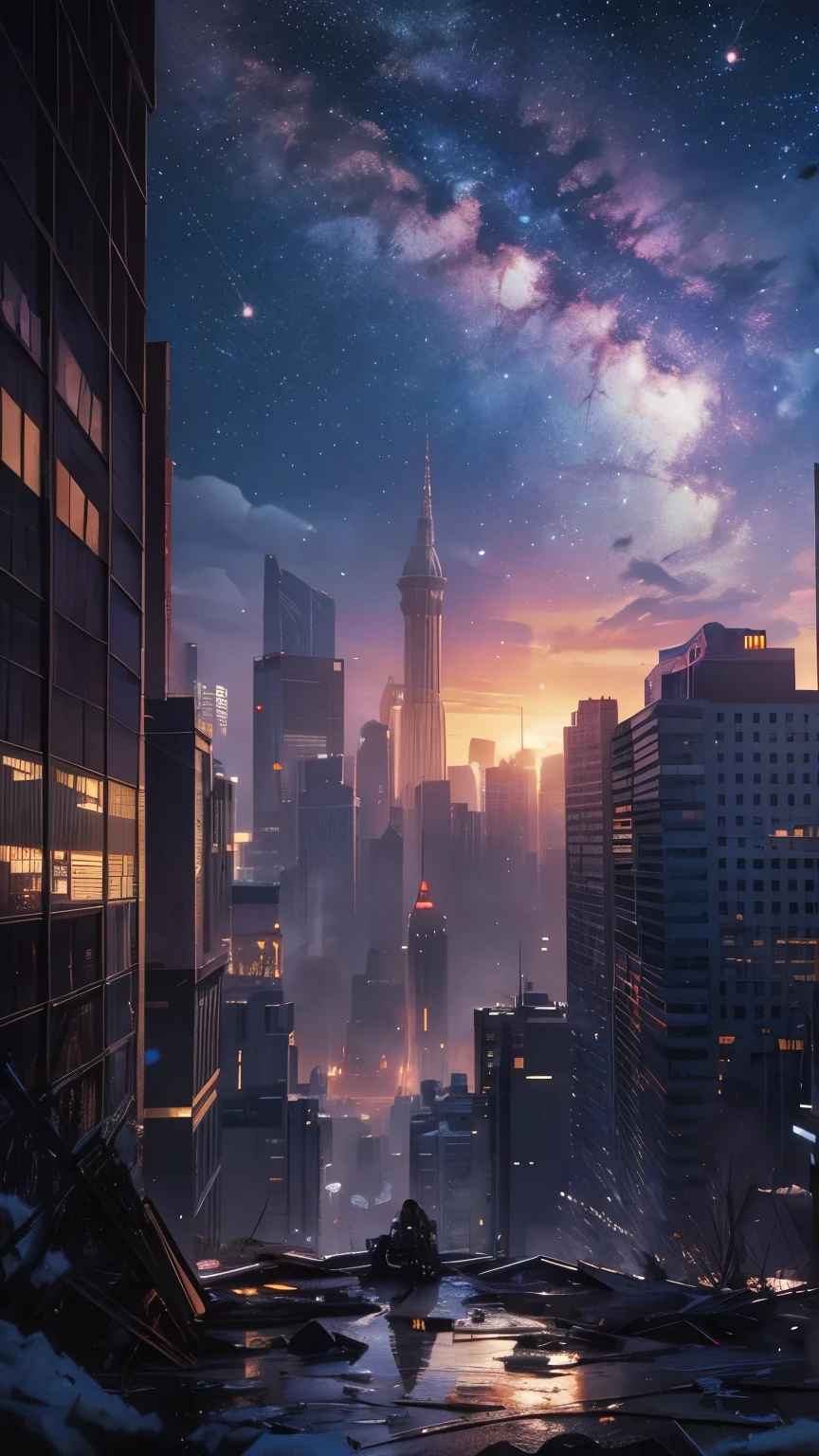 Highest quality, Highest quality, 16K, Unbelievably absurd, Very detailed, delicate and dynamic, Natural light, The particles reflect light, Diffuse reflection of light, Vortex of Light, war zone, bombs blasting around, dark outfield, ruined big city, roof top of ruined building, moon night, milky way, illumination, Create amazing image effects, Upper body close-up, (sole sexy girl, big Firm bust, , powerful, A professional sniper,, shooting a target with M16 auto rifle, swat uniform,)
