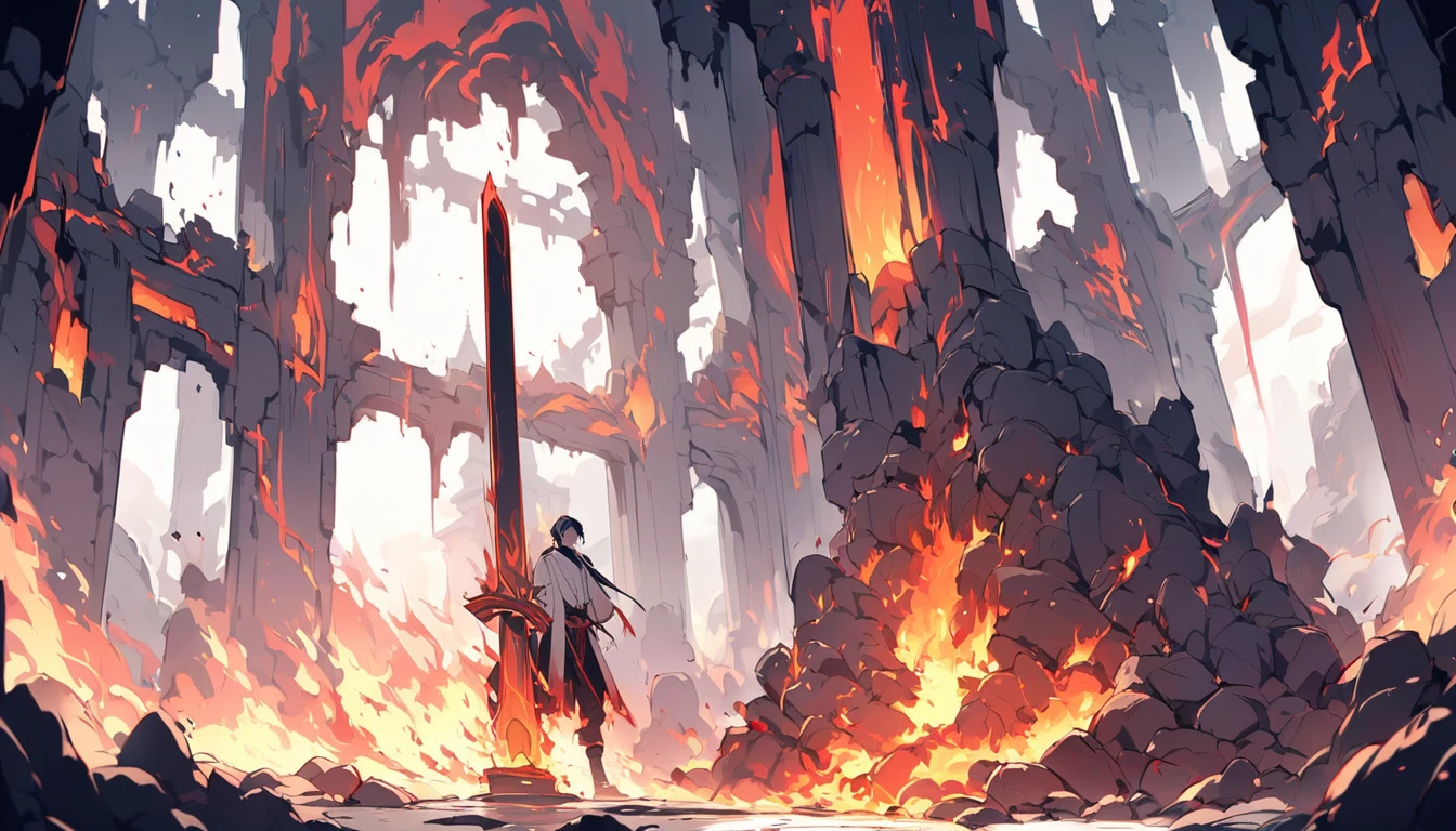 black and white, Burning palace. The fire engulfs the walls, smoke spreads across the floor. Liu XuanTian, ​​wounded, holding his sword, stands opposite Lao, who looks at him with cold confidence.
