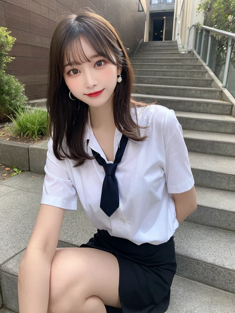 Grey Eyes, Korean , summer shirt, Ribbon tie, skirt, Light Blonde, School stairs, going down School stairs, Chest thrust pose, Breast-flaunting pose, 8K RAW Photos, High resolution, Cool Korean old, Very big round breasts, Beautiful eyes in every detail, Long eyelashes, Beautiful double eyelids, eye shadow, eyeliner, Narrow eyes, Elongated eye shape, Three white eyes, Wicked Smile, Evil look, Beautiful and slim legs, Beautiful and thin thighs, Random Medium Hair, Tie your hair behind your head, Earrings,