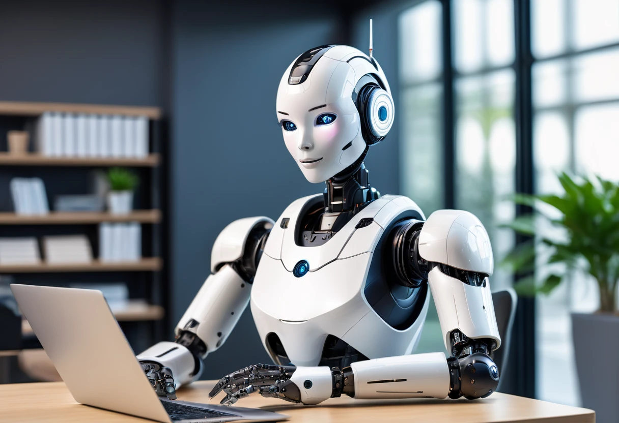 Generate a highly detailed and realistic photo of a humanoid robot working at an office desk with a laptop. The robot should have a sleek, modern design with human-like features, including articulated limbs and a friendly, expressive face. It is seated at a contemporary office desk, typing on a laptop with a sophisticated interface displayed on the screen. The desk is organized with office supplies such as a notepad, pen, coffee mug, and a few documents. The background features a modern office setting with large windows letting in natural light, ergonomic furniture, and a few potted plants. The overall atmosphere is professional and productive, highlighting the seamless integration of advanced robotics into a typical office environment. This photo should be hyper-realistic, showcasing the potential of humanoid robots in the workplace.