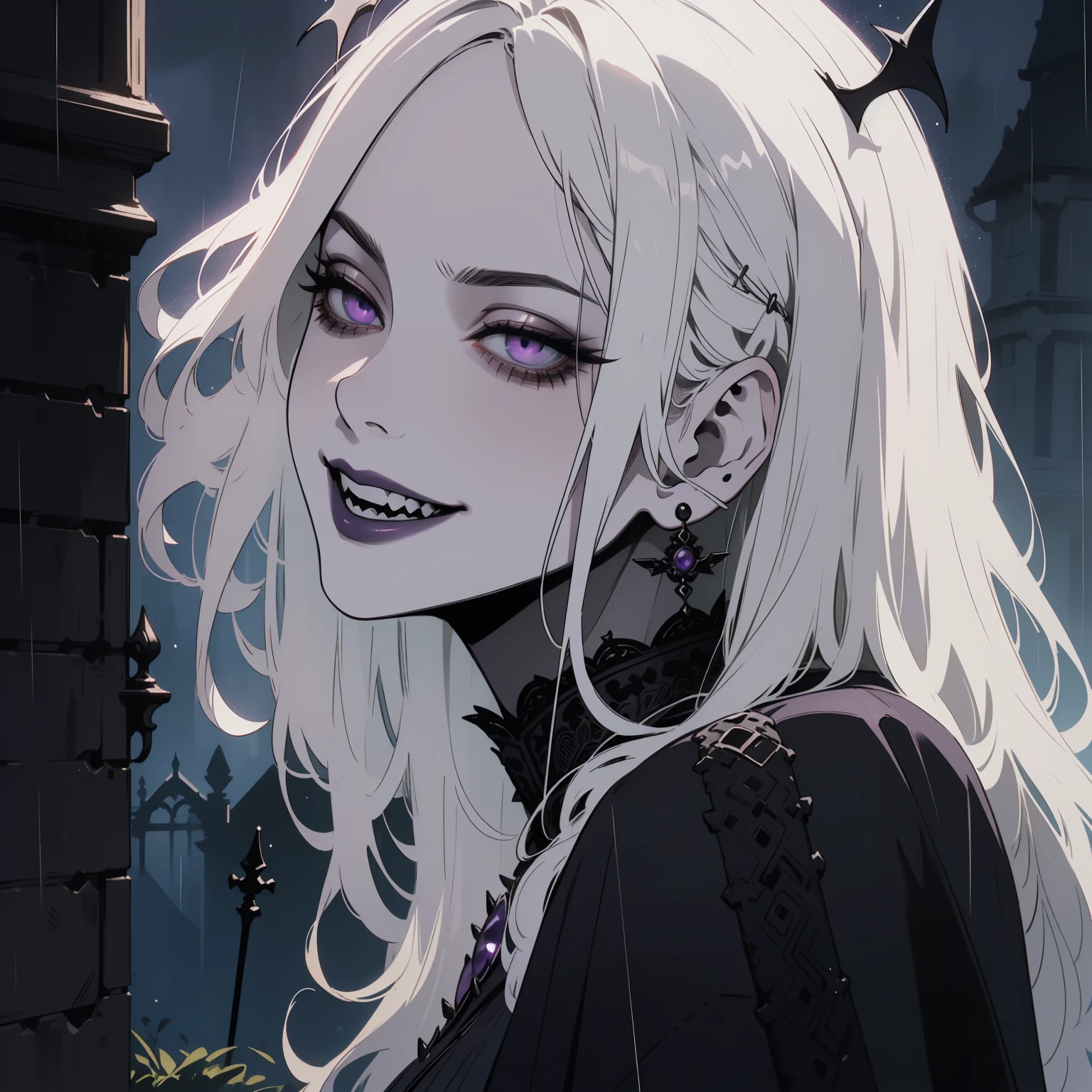 (outside, scary castle, rain, evening, soft light, The light is dim., Mood swings, horror \(Theme\), ), (Crazy details, Beautifully detailed face, Masterpiece, best quality), 1 girl, Devil Girl, mature woman, (white hair), amethyst colored eyes, Scary smile