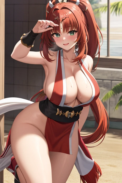 masterpiece, best quality, beautiful art, high resolution, well formed hands, body and fingers, 1 woman, solo, Nilou ,adult, grown up,  cosplaying as Mai Shiranui , mai_shiranui_cosplay, adult, large and round breasted, cleavage, full body , hair ribbon, gorgeous legs and, thighs, sexy Japanese clothes, hair ornament , sexy legs , hips and thighs,fighting in a combat match, showing her fighting skills, making her guard, about to hit the viewer, looking at the viewer,   sweating, bouncing breasts, smiling joyfully and brightly, being confident and proud, action and fighting scene, fighting cage on beach environment.               