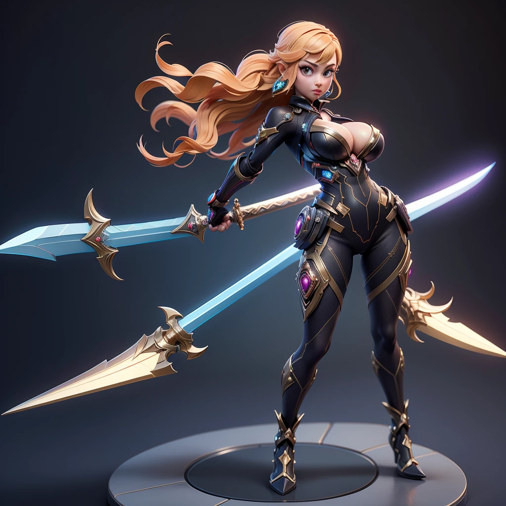 Mini Dragon, alone, Ray Tracing, Estilo 3D, 3DMM, whole body, (bodysuit swing),(Dark dress), Overall view,((Pose for each photo)), Overall view, Hearts of the Kingdom-style outfit,((1 personのポーズ)), Overall view, Metroid, ((With a futuristic sword)),Ultra-Realistic Skin, (Big Breasts)、1 person