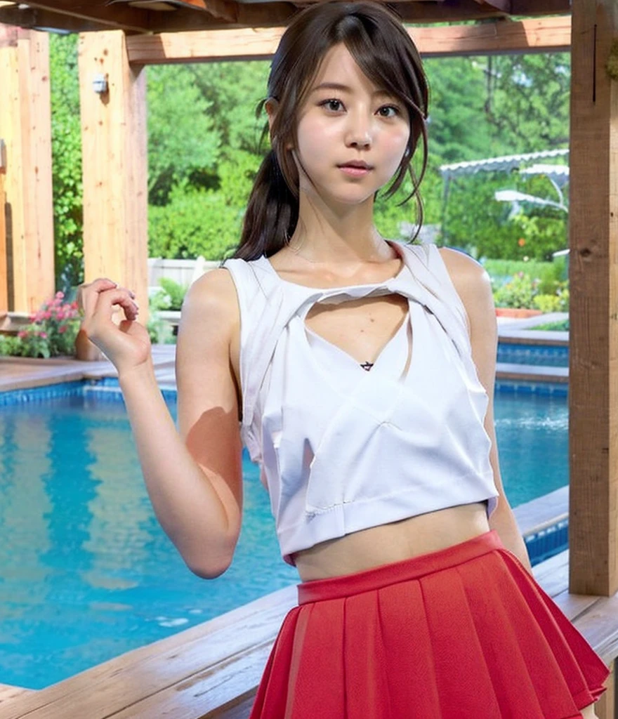 (highest quality), (Reality: 1), Movie Posters, Realistic skin texture, Very detailed, 8k wallpaper, Volumetric lighting, Dynamic Lighting, (((The wind blows her skirt up, exposing her beautiful pussy))), night, rich background details,Big tits teen schoolgirl、Twin tail hairstyle、Black Hair、Red face、Shyly、mock、Open your mouth just a little、Japanese school swimsuits that reveal the cleavage of teenage high school girls、You can see her cleavage from under her school swimsuit、Teen with shapely nipples、Shapely lower body、Indoor swimming pool、Poolside