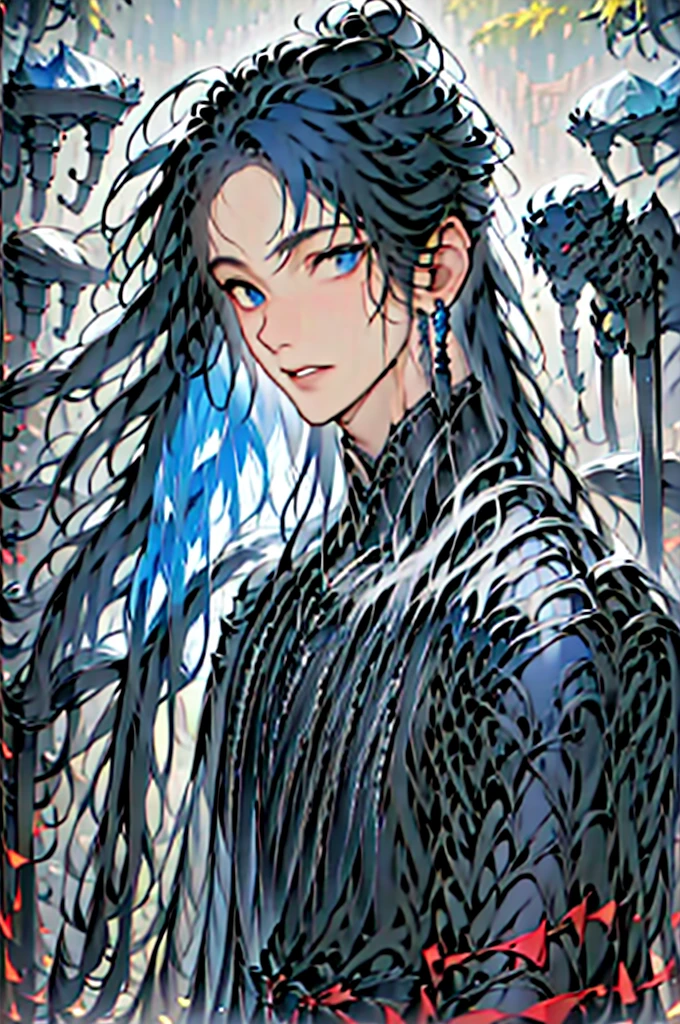 boy, short hairstyle, blue-black hair, blue eyes