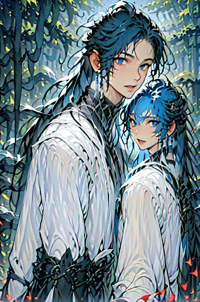 boy, short hairstyle, blue-black hair, blue eyes