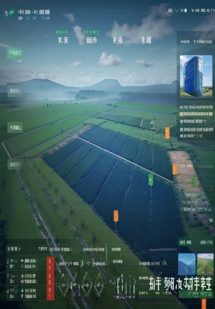 Based on this green background,In the center is a vibrant farmland,Data clouds and sensors floating above,Sensors connect farmland,Display real-time data,For example, temperature、humidity、土壤humidity等。The overall feeling is of future technology。Remove the watermark in the lower right corner,Normal text ratio