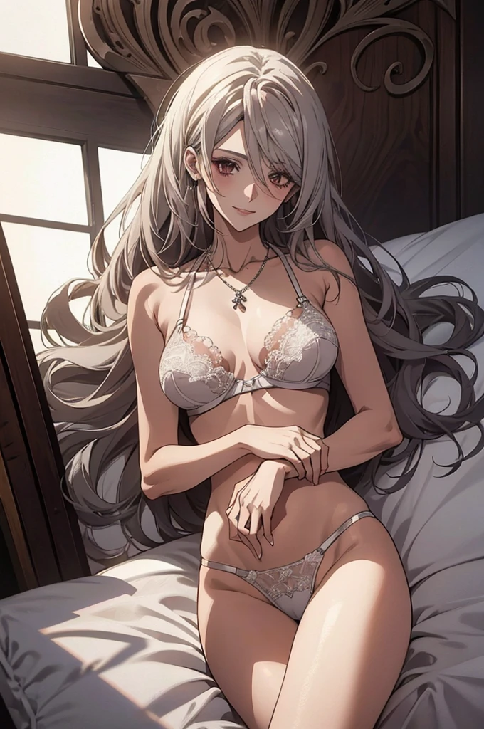 (Highest quality, High resolution, Very detailed), Silver Hair, Long Hair, Reddish brown eyes, lace thong bra, NUDE, Large Breasts, lie on own back, overhead shot, necklace, 24th generation, Beautiful woman, mature, quiet, Calm, A small smile, bed,