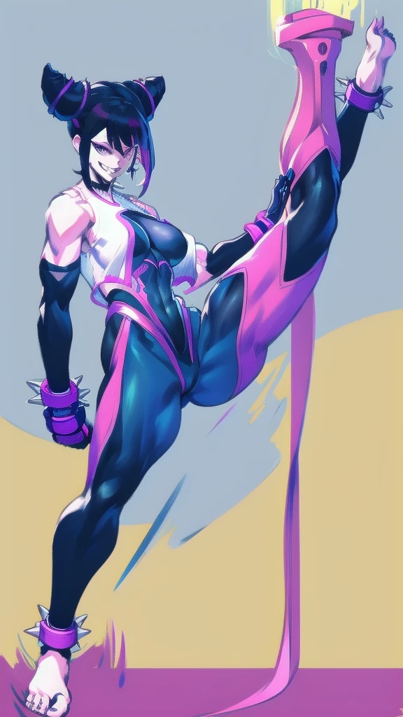 Full body image of Juri Han from Street Fighter 5, wearing her original outfit (black and purple bodysuit with spiked accents, barefoot with taped feet, and arm guards), short black hair styled in twin buns, female body, athletic and flexible body, dynamic pose, detailed pose, simple background, expressive face showing a mischievous grin, focus on face, line art, sketch