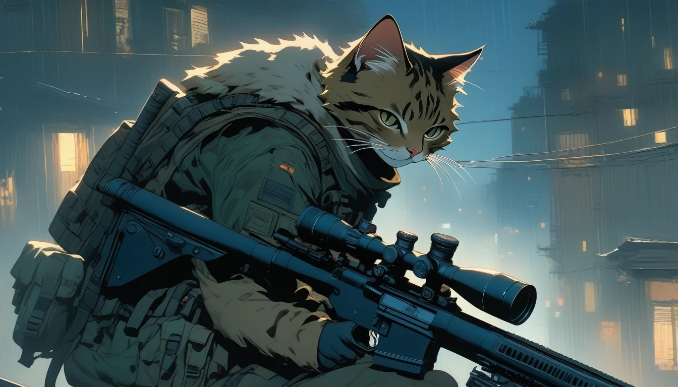 ((Masterpiece)), ((Best Quality)), (Very Detailed), ((Very Detailed)), 4K, (8K), very aesthetic, absurdres highres, 1 girl, (anthropomorphic cat, furry, kemono:1.8), Sniper in the ruins of the battlefield at sunset. Wearing camouflage clothing, he holds a sniper rifle and takes aim through the rubble. In the background, a red sky and silhouettes of ruins spread out, creating a sense of tension.
