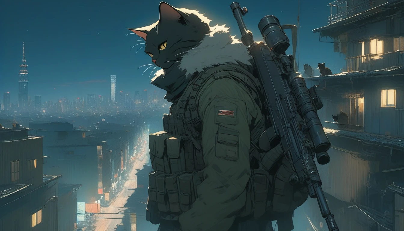 ((Masterpiece)), ((Best Quality)), (Very Detailed), ((Very Detailed)), 4K, (8K), very aesthetic, absurdres highres, 1 girl, (anthropomorphic cat, furry, kemono:1.8), Sniper in the ruins of the battlefield at sunset. Wearing camouflage clothing, he holds a sniper rifle and takes aim through the rubble. In the background, a red sky and silhouettes of ruins spread out, creating a sense of tension.
