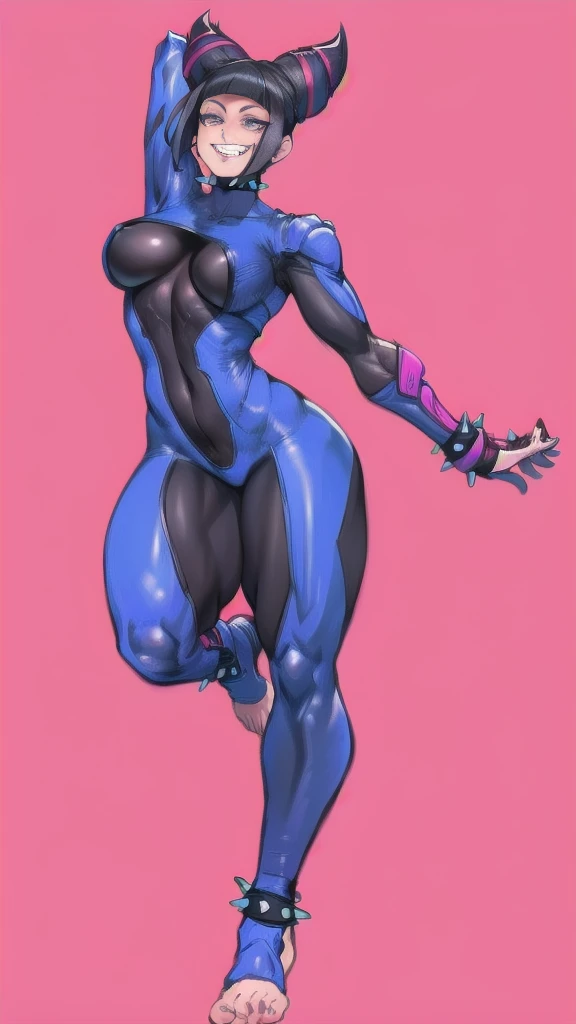 Full body image of Juri Han from Street Fighter 5, wearing her original outfit (black and purple bodysuit with spiked accents, barefoot with taped feet, and arm guards), short black hair styled in twin buns, female body, athletic and flexible body, dynamic pose, detailed pose, simple background, expressive face showing a mischievous grin, focus on face, line art, sketch
