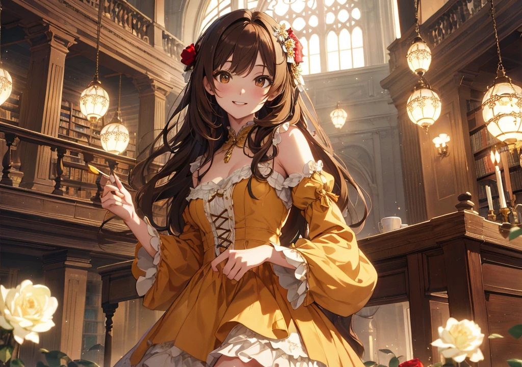 Realistic photos, Focus distance 10mm, Red and white, A big smile, Beautiful girl, Realistic photos, Focus distance 10mmで撮影, masterpiece, 最high quality, high quality, Very detailed CG 8k wallpaper unit, Award-winning photography, Depth of written boundary, High resolution, bloom, chromatic aberration, Realistic, Very detailed, Art Station Trends, CGsociety Trends, Complex, High detail, dramatic, Art on the go, volumetric lighting, A charming young woman with long brown hair, in a yellow dress with rose details, inspired by Disney's Belle, standing in a beautiful library with enchanted objects
