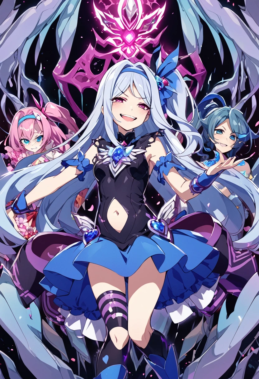 Cure Berry, Pretty Cure, Wrist cuff, Blue Skirt, Black latex dress, Side Ponytail, Blue Boots, gem, hair band, Navy knee socks, Blue Ribbon, belly button, Floral Background, corruption, NTRGAO, Hollow Eyes, Half-closed eyes, Wicked Smile, No students, Crazy Smile, Open your mouth, One girl, Mature Woman, Married women, Dark Magical Girl