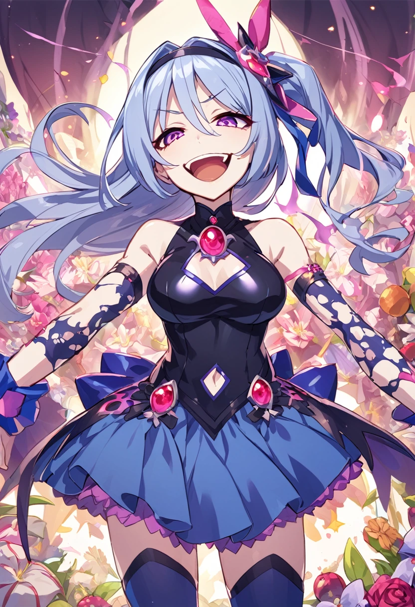 Cure Berry, Pretty Cure, Wrist cuff, Blue Skirt, Black latex dress, Side Ponytail, Blue Boots, gem, hair band, Navy knee socks, Blue Ribbon, belly button, Floral Background, corruption, NTRGAO, Hollow Eyes, Half-closed eyes, Wicked Smile, No students, Crazy Smile, Open your mouth, One girl,  Mature Woman, Married women, Dark Magical Girl