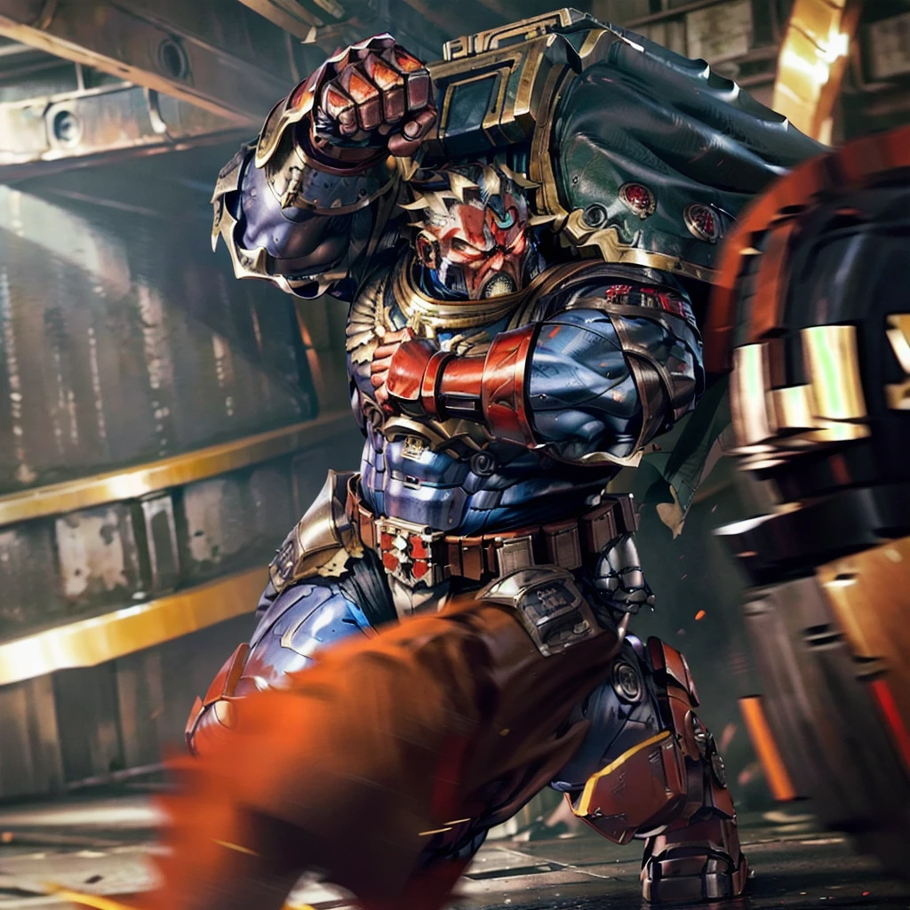 volumetric cinematic lighting, (highly detailed:1.4), digital render, smooth, sharp focus, full body 8k render, action shot, realistic reflections, cinematic composition,
calgar, solo, 1boy, middle aged man, military man, bionic eye, cape, ammunition belt, arm cannon, one glowing red eye, power fist, pauldron, iron halo, poised,
jumping, clenched fist, ready to punch, fury, anger,