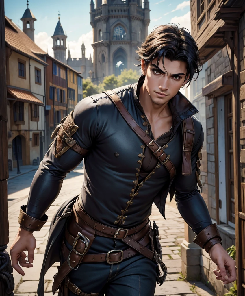 score_9, score_8_up, score_8,  (((Single character image.))) (((1boy))) (((Dressed in medieval fantasy attire.)))     (((This character is very sexy and dashing.))) Generate a daring, thrilling swashbuckler with a charm and style that is irresistible.  This is a character designed for a swashbuckler setting, near an exciting port town inhabited by dangerous thugs and other criminals.  He should be dashing, attractive and a charming and daring adventurer.  He wears stylish swashbuckler fashion with dark hair, dark features and a muscular build. (((Background of the image is the medieval style port town.))) (masterpiece, top quality, best quality, official art, beautiful and aesthetic:1.2), extreme detailed,  colorful, highest detailed,  best quality:1.0,hyperealistic:1.0,photorealistic:1.0,madly detailed CG unity 8k wallpaper:1.0,masterpiece:1.3,madly detailed photo:1.2, hyper-realistic lifelike texture:1.4, picture-perfect:1.0,8k, HQ,best quality:1.0, 