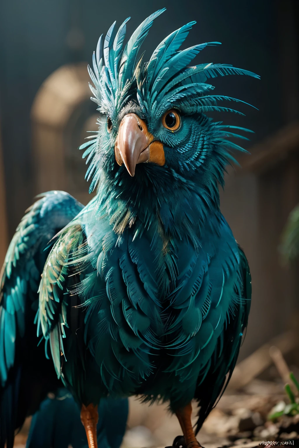 A stunning, hyper-detailed, and fantastical bird creature with vibrant, iridescent feathers in shades of blue, green, orange, and red. The bird has large, expressive eyes and an intricate, almost mechanical-looking beak and plumage. The image has a surreal, almost digital art-like quality, with a sense of depth and dimension to the creature's form. This image could be recreated with a prompt such as:
"A highly detailed, photorealistic 4K image of a fantastical, iridescent bird creature with vibrant, intricate feathers in shades of blue, green, orange, and red. The bird has large, expressive eyes and a complex, mechanical-looking beak and plumage. Cinematic lighting, depth of field, and a sense of dimension to the creature's form. Inspired by digital art and surrealism."