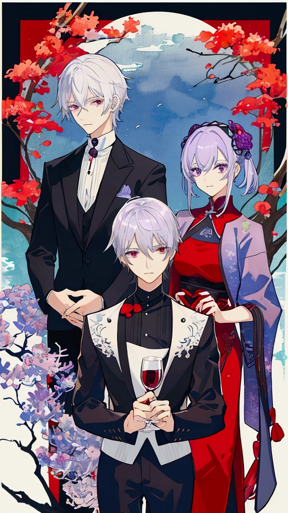 cool成人男性二人。派手なSilver Hair、watercolor、The guy on the right has red eyes、The guy on the left has purple eyes、Silver Hair、There are meshes of various colors in the hair.、holding a wine glass、Wearing a host's suit。cool。delicate。short hair、The nape is long。The color of the nape is red、More clearly。Her hair is short、Same height。Only two people
