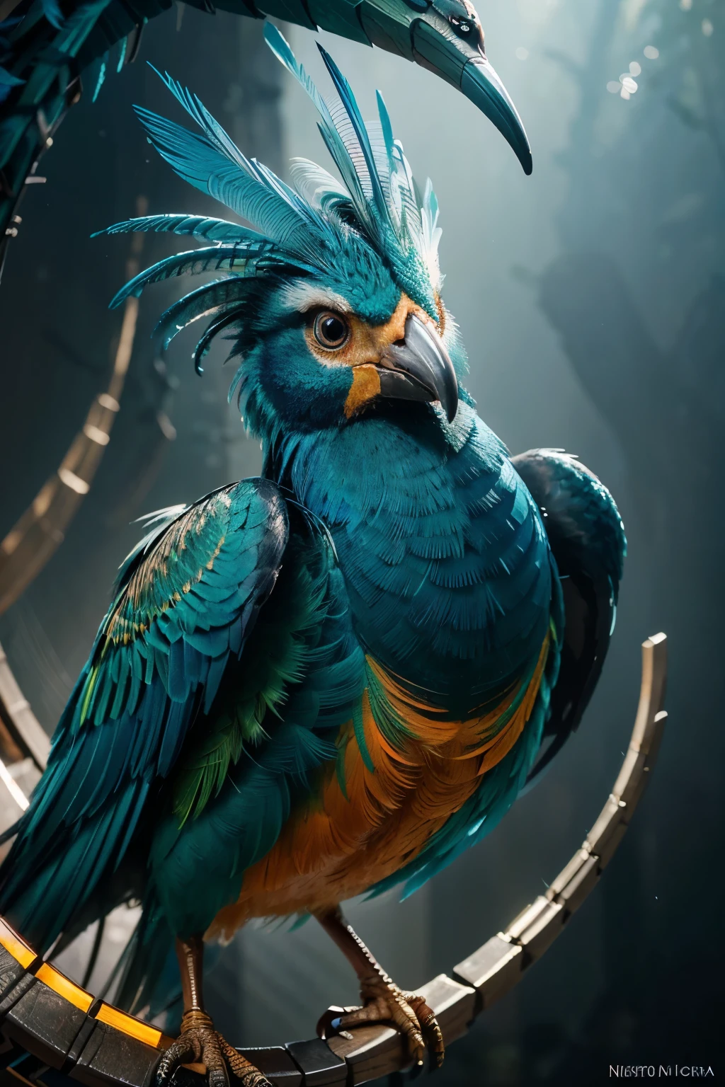 A stunning, hyper-detailed, and fantastical bird creature with vibrant, iridescent feathers in shades of blue, green, orange, and red. The bird has large, expressive eyes and an intricate, almost mechanical-looking beak and plumage. The image has a surreal, almost digital art-like quality, with a sense of depth and dimension to the creature's form. This image could be recreated with a prompt such as:
"A highly detailed, photorealistic 4K image of a fantastical, iridescent bird creature with vibrant, intricate feathers in shades of blue, green, orange, and red. The bird has large, expressive eyes and a complex, mechanical-looking beak and plumage. Cinematic lighting, depth of field, and a sense of dimension to the creature's form. Inspired by digital art and surrealism."
