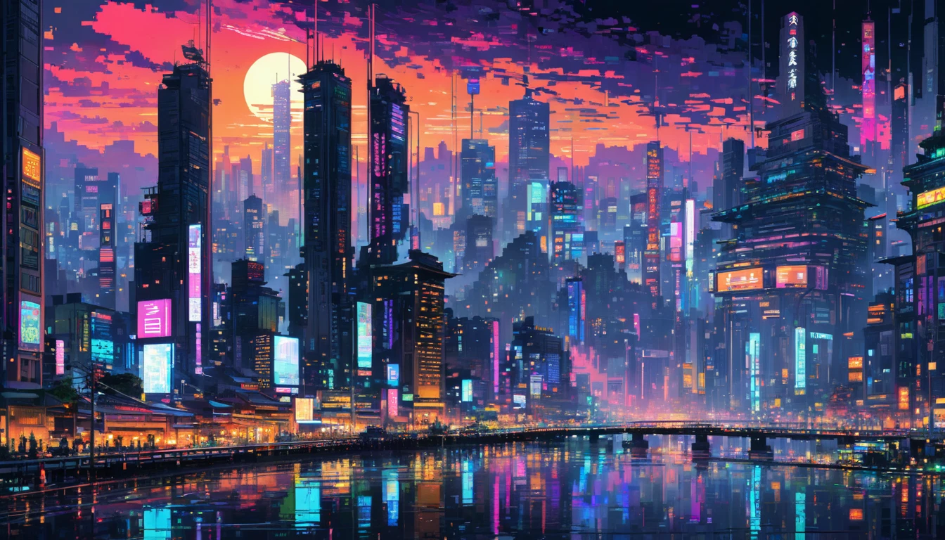 Pixel art,Thai Artist、Gil Vrubel uses colorful brushstrokes。Cyberpunk cityscape.City of night,Noisy city、TOKYO