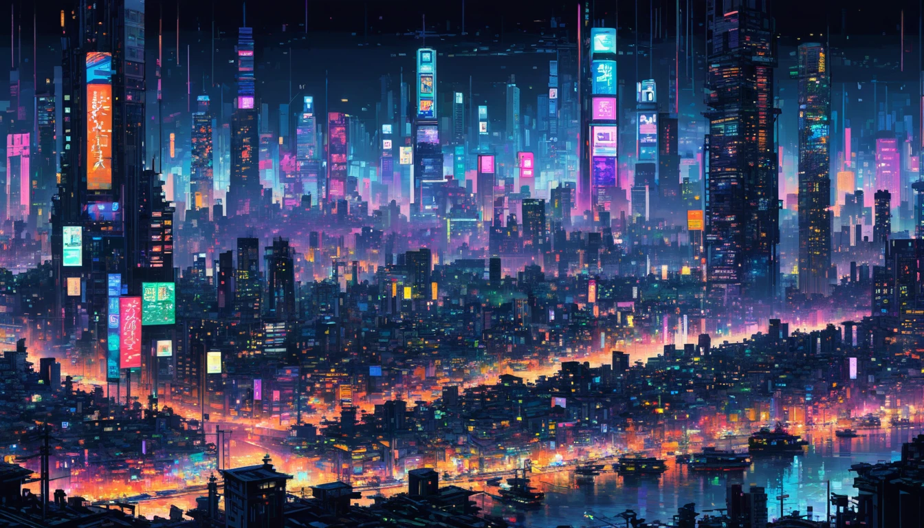 Pixel art,Thai Artist、Gil Vrubel uses colorful brushstrokes。Cyberpunk cityscape.City of night,Noisy city、TOKYO