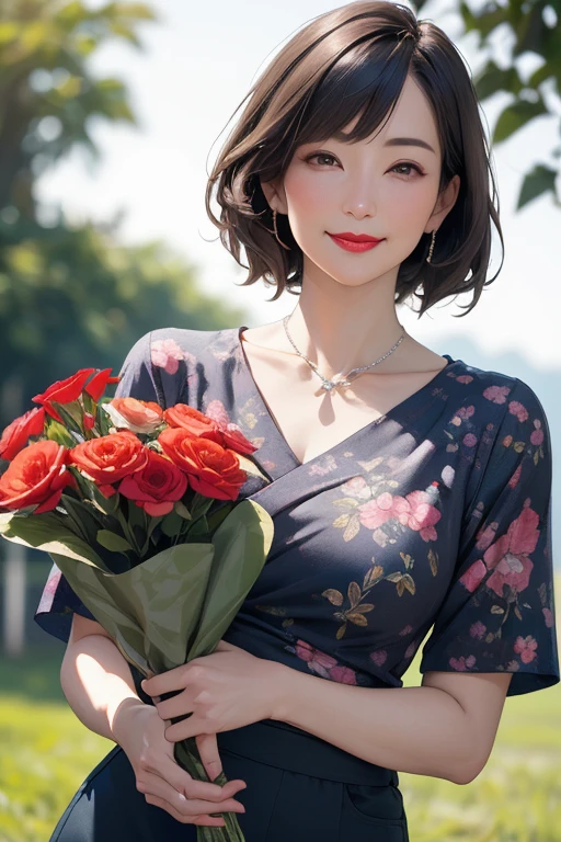 Beautiful mature 55 year old Japanese woman, Married women, Fine Lines, Long eyelashes, Shining Eyes, Bob Cut Hair, Red lipstick, smile, elegant, Gorgeous figure, Pearl Necklace, Summer clothes, Low-cut blouse, Floral print slit skirt, Holding a bouquet, whole body, Shooting on green grass, (Highest quality,4K,8k,High resolution,masterpiece:1.2),Very detailed,(Realistic,photoRealistic,photo-Realistic:1.37),High resolution,超High resolution,Studio Lighting,Ultra-fine painting,Sharp focus,Physically Based Rendering,Very detailed説明,Professional,Vibrant colors,Bokeh,Portraiture