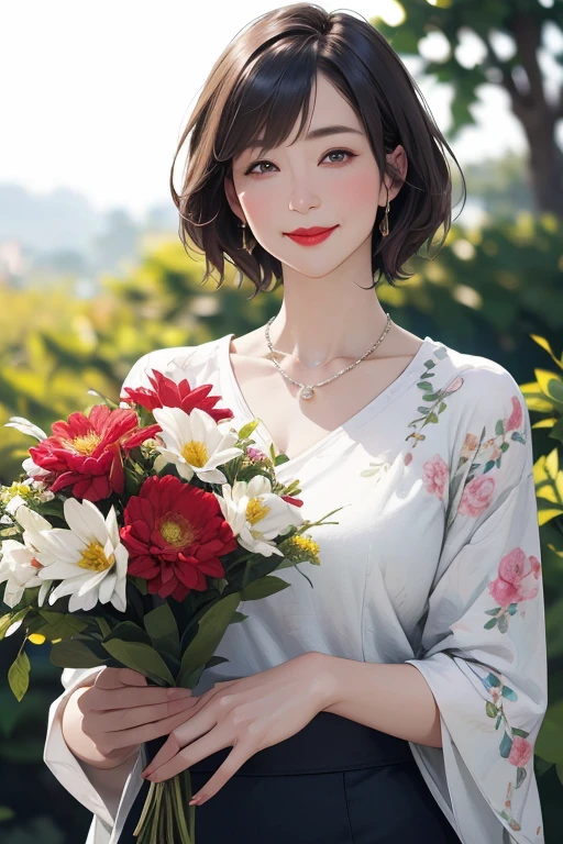Beautiful mature 55 year old Japanese woman, Married women, Fine Lines, Long eyelashes, Shining Eyes, Bob Cut Hair, Red lipstick, smile, elegant, Gorgeous figure, Pearl Necklace, Summer clothes, Low-cut blouse, Floral print slit skirt, Holding a bouquet, whole body, Shooting on green grass, (Highest quality,4K,8k,High resolution,masterpiece:1.2),Very detailed,(Realistic,photoRealistic,photo-Realistic:1.37),High resolution,超High resolution,Studio Lighting,Ultra-fine painting,Sharp focus,Physically Based Rendering,Very detailed説明,Professional,Vibrant colors,Bokeh,Portraiture