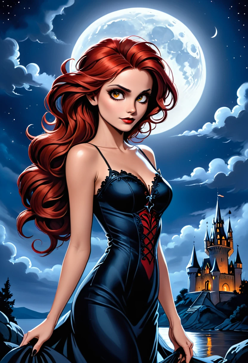a woman with a compelling and dramatic look, her striking red hair vibrant against the night sky. She wears a fitted black gown with a low neckline and decorative details that suggest a blend of gothic and elegance. Her pose and expression convey a sense of poise and self-assurance. The full moon looming large behind her adds a mystical or supernatural quality to the image, complementing the shadowy, gothic-style castle in the distance. The juxtaposition of her warm hair color against the cool moonlight creates a dynamic contrast, enhancing the overall mood of the scene. 16k resolution, oil on canvas, fine art, super dramatic light, sharp focus, grain, sinister