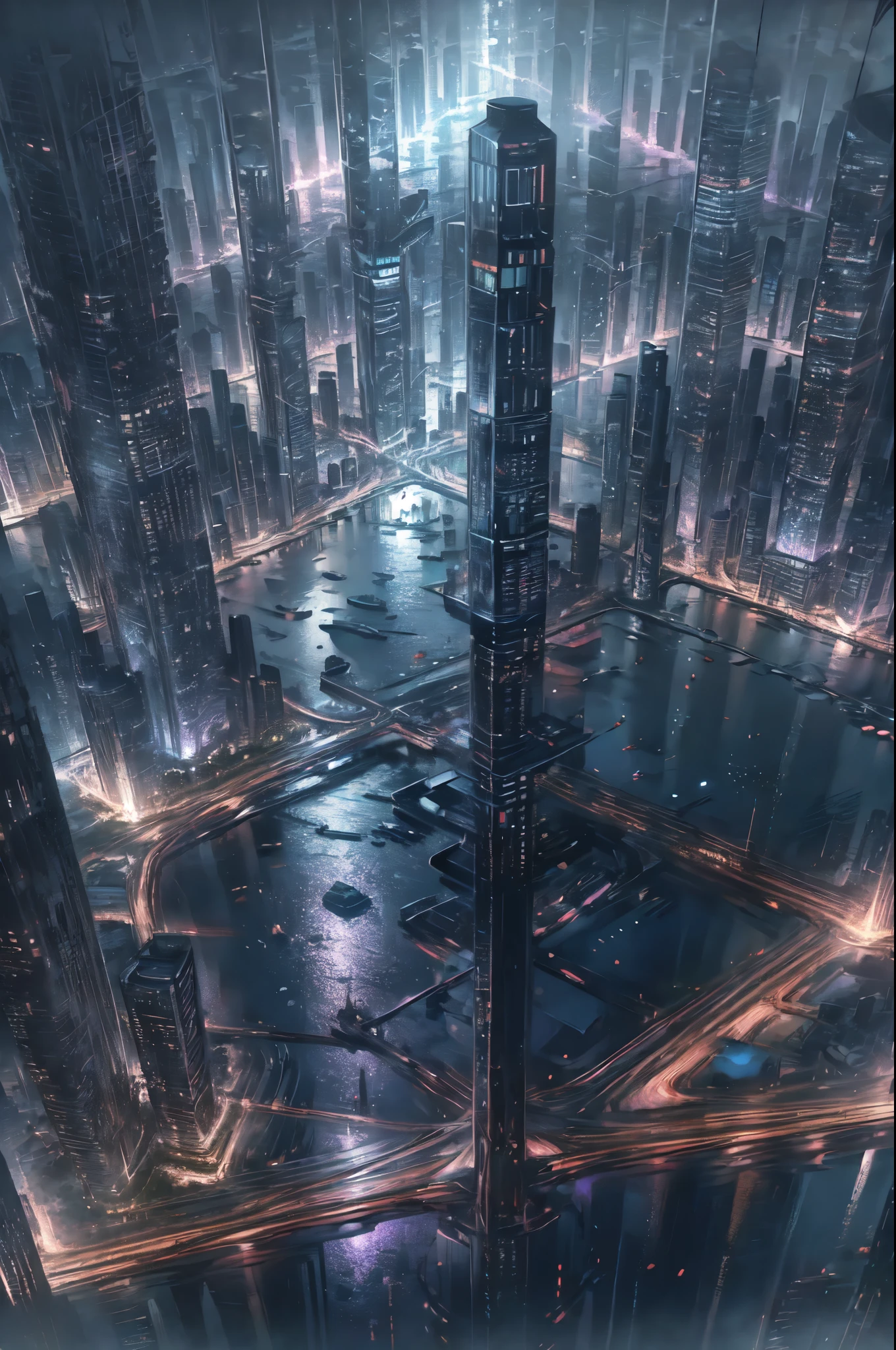 Starry sky with constellations, Purple hue like a nebula, Vast space, The Bottom of Cyberpunk City,