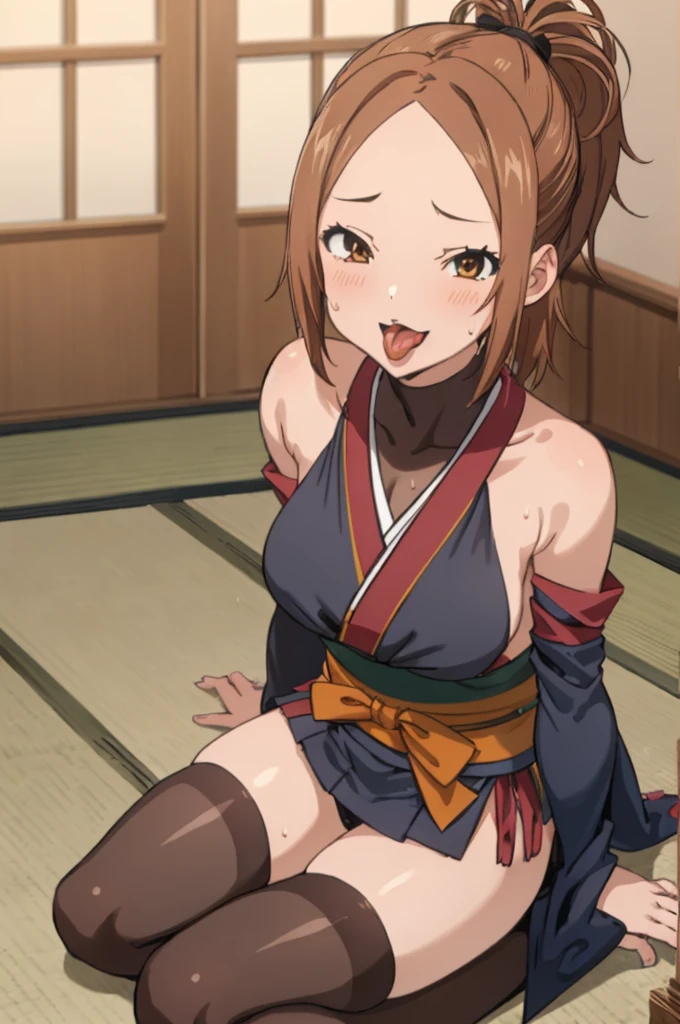 miyoshi kaya, light brown hair, high ponytail,orange eyes, parted bangs, forehead,japanese room,tatami,sitting
 1girl,solo,looking at viewer, ,sweating,open mouth,tongue,,,indoorbare shoulder,detach sleeves,miniskirt,thighhighs,(((ninja costume)))