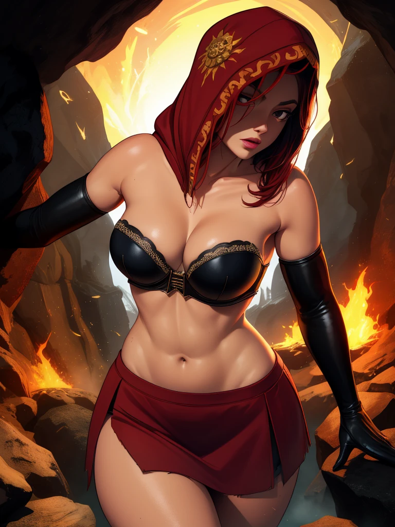 Dsorceress, redhair, shadowy face,dark cave, fire, hood, shadowed face, strapless bra, slim and athletic body, miniskirt, no panty, elbow gloves, dark skin, 1 girl (insanely detailed, masterpiece, best quality)