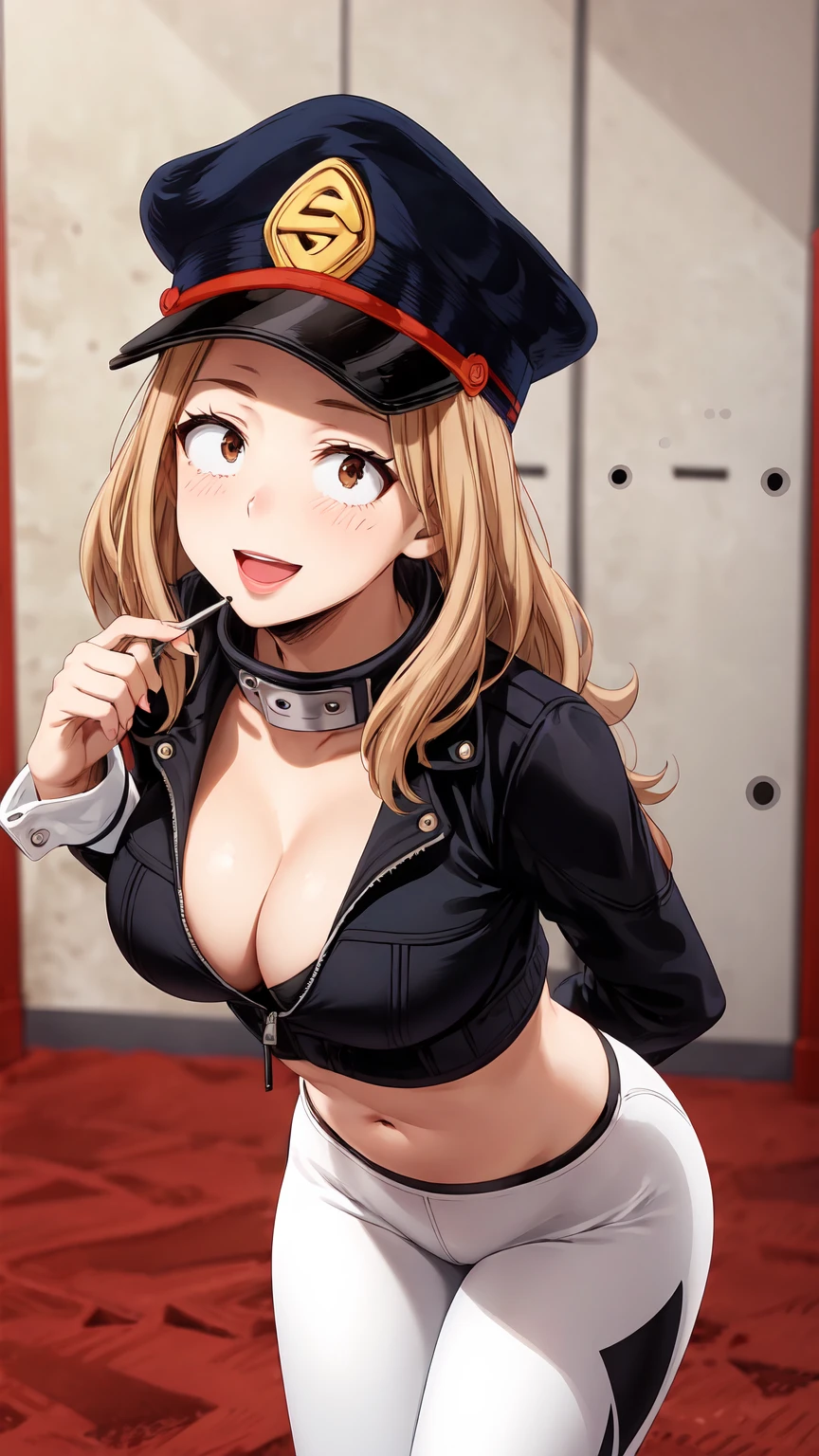 Masterpiece ,best quality , high resolution , (face view , look at view , (pov front view) , (pov from front)) , (1 girl solo:1.38) , (camie, long hair, brown hair, brown eyes, peaked cap , lipstick , eyeliner)) , (slim , tall , slender , thin) , (cleavage:1.05) , (big breast:1.06) , (wear bikini , jacket , belly , yoga leggings) , (arms behind back , hand behind back) , (leaning forward:1.35) , (indoor , domino  , alley , shoese cabinet) , (open mouth , smile , full face blush , shy ) , (standing , thighs ) , (cowboy_shot)