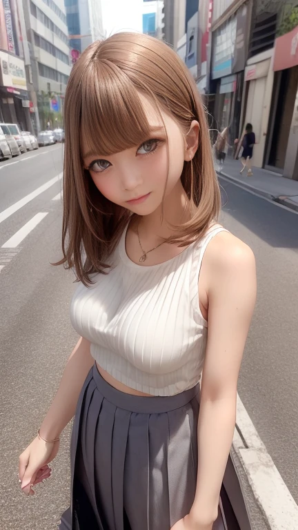 (8K, RAW Photos, Highest quality, masterpiece:1.2), (Realistic, photo-Realistic:1.4), (Highly detailed 8K wallpapers), ((Full Body Shot)), (1 girl), Sharp focus, Depth of written boundary, Cinematic lighting, Soft Light, 緻密な美しさのeye, eye_Chan, Very beautiful 17 year old girl, innocent big eyes, Realistic, photo Realistic, Highly detailed cute girl, (Thin thighs), (Model Body Type), 18-year-old, (White and grey camouflage sports tank top), (Black Micro Mini Pleated Skirt), (((Fold your arms in front of your chest and act arrogantly))), ((A happy smile)), Parted lips, Watching the audience, (On the streets of Tokyo), (Blonde),(Medium Bob Hair), (Asymmetrical bangs)