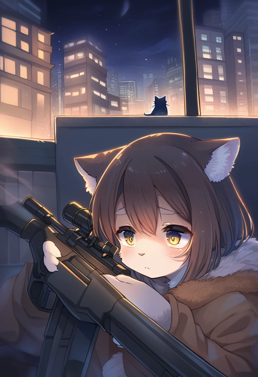 ((Masterpiece)), ((Best Quality)), (Very Detailed), ((Very Detailed)), 4K, (8K), very aesthetic, absurdres highres, 1 girl, (anthropomorphic cat, furry, kemono:1.8), A sniper wearing dark camouflage uniform is lying face down on the roof of a building, holding a rifle. His eyes are focused on the target through the scope. The rifle is equipped with a suppressor and is silently taking aim.The night cityscape unfolds, light spilling through the windows of buildings and dotted with street lamps.The moonlight illuminates the outlines of the buildings, making it a quiet night. You can see the headlights of cars in the distance, and you can feel the hustle and bustle of the city.The main color is dark, and the moonlight illuminates the sniper and some of the buildings.Overall The cold colors are emphasized, creating a sense of tension.The moonlight shines on the sniper's face, revealing a sharp expression.The sniper's concentration and tension are emphasized, and the sense of crisis hidden in the silence is felt. I feel so tense that I can almost hear his breathing and heartbeat.