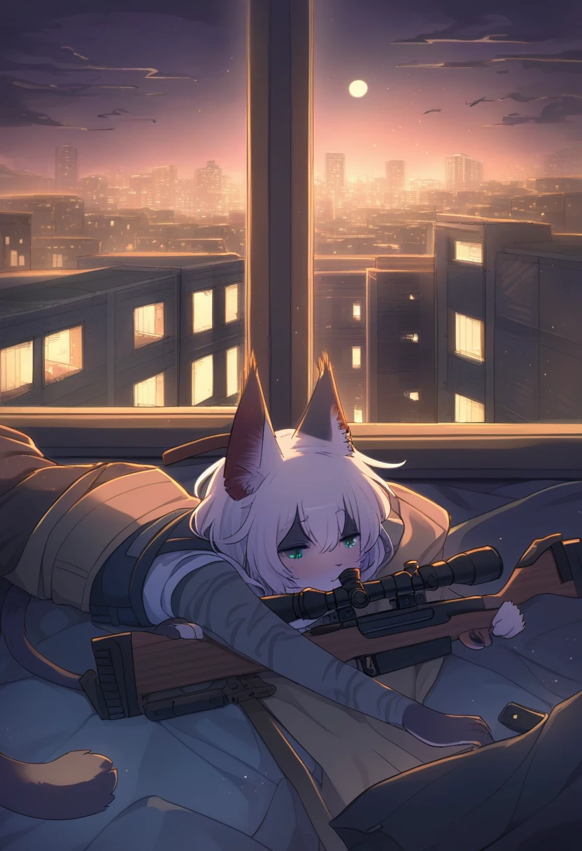 ((Masterpiece)), ((Best Quality)), (Very Detailed), ((Very Detailed)), 4K, (8K), very aesthetic, absurdres highres, 1 girl, (anthropomorphic cat, furry, kemono:1.8), A sniper wearing dark camouflage uniform is lying face down on the roof of a building, holding a rifle. His eyes are focused on the target through the scope. The rifle is equipped with a suppressor and is silently taking aim.The night cityscape unfolds, light spilling through the windows of buildings and dotted with street lamps.The moonlight illuminates the outlines of the buildings, making it a quiet night. You can see the headlights of cars in the distance, and you can feel the hustle and bustle of the city.The main color is dark, and the moonlight illuminates the sniper and some of the buildings.Overall The cold colors are emphasized, creating a sense of tension.The moonlight shines on the sniper's face, revealing a sharp expression.The sniper's concentration and tension are emphasized, and the sense of crisis hidden in the silence is felt. I feel so tense that I can almost hear his breathing and heartbeat.