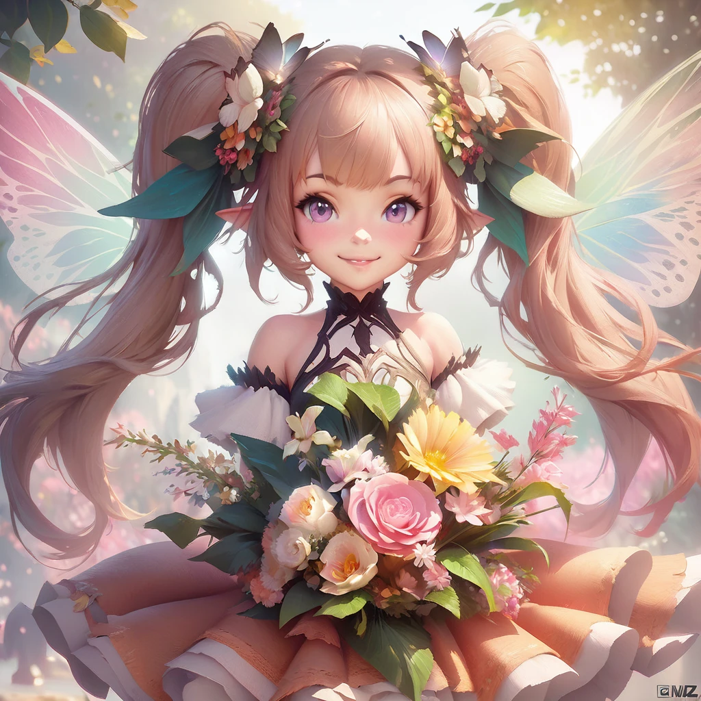 Anime girl with flowers and butterfly wings in her hair, guweiz on pixiv artstation, Smiling like a fairy queen, Guweiz on ArtStation Pixiv, Fairy portrait, Fairy portrait, Beautiful anime artwork, artstation pixivでトレンド, Gweiz-style artwork, Detailed digital anime art, pixiv Contest Winner