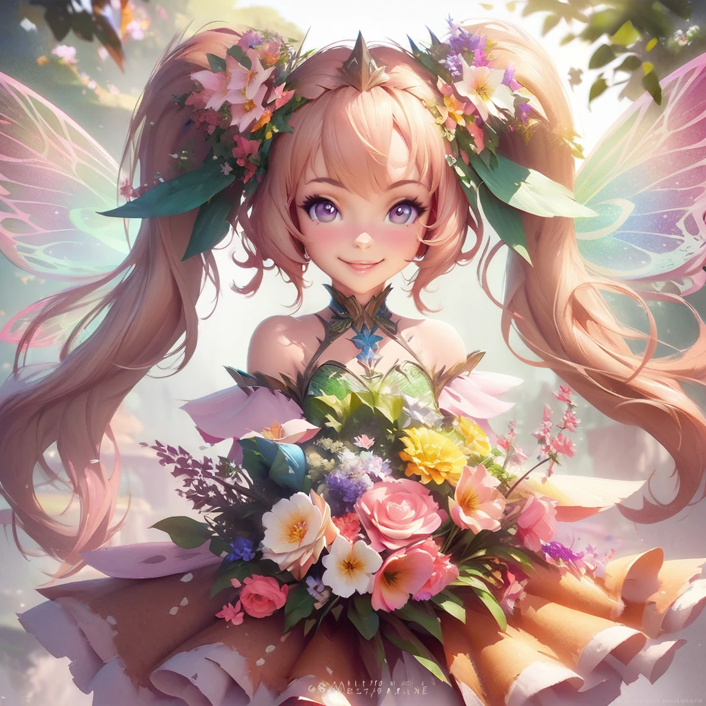 Anime girl with flowers and butterfly wings in her hair, guweiz on pixiv artstation, Smiling like a fairy queen, Guweiz on ArtStation Pixiv, Fairy portrait, Fairy portrait, Beautiful anime artwork, artstation pixivでトレンド, Gweiz-style artwork, Detailed digital anime art, pixiv Contest Winner