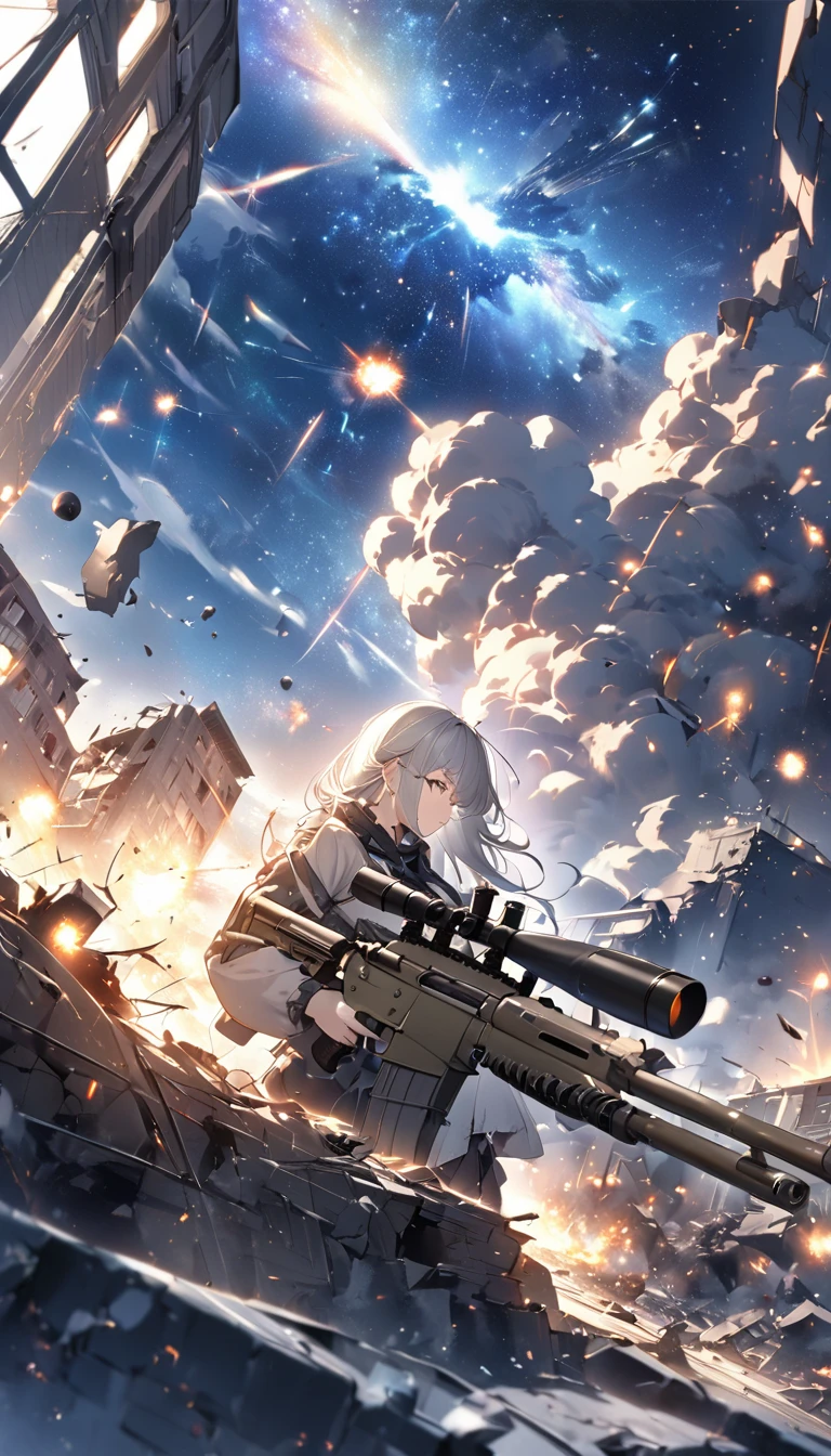 best quality, best quality, 16K, Unbelievably ridiculous, Very detailed, Delicate and dynamic, Natural light, Particles reflect light, Diffuse reflection of light, Vortex of light, War Zone, Bombs are exploding everywhere, Dark outfield, Big cities destroyed, Roof of a destroyed building, Moonlit Night, Milky Way, illumination, Create stunning image effects, Upper body close-up, (Only sexy girl, Large bust, , powerful, Professional Sniper,, Shoot the target with the M16 automatic rifle, ,)