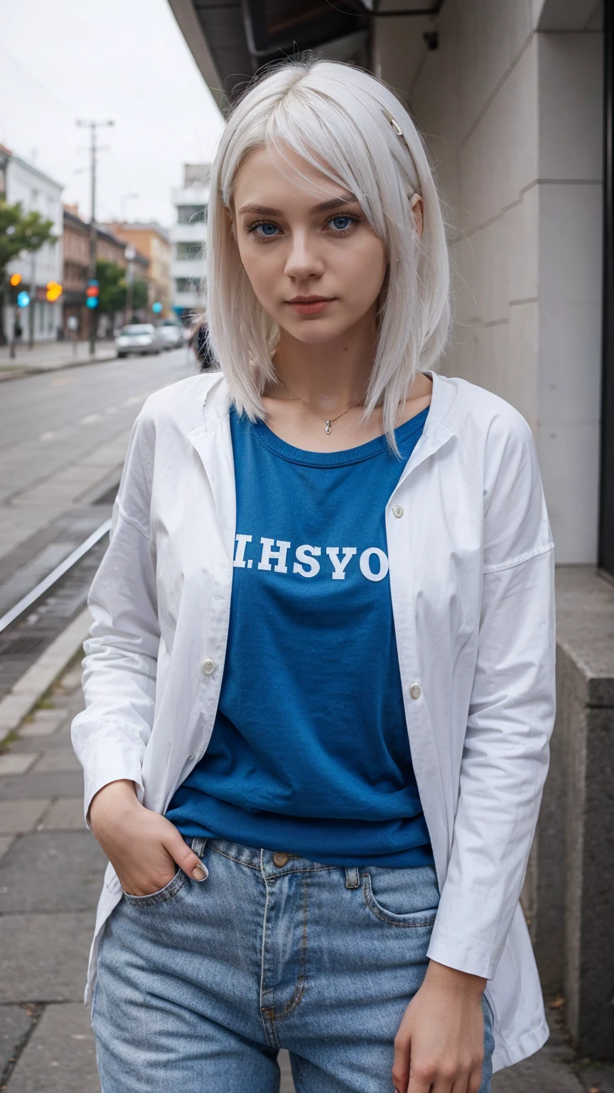 1 girl, slavic, white hair, blue eyes, cute, casual clothes 