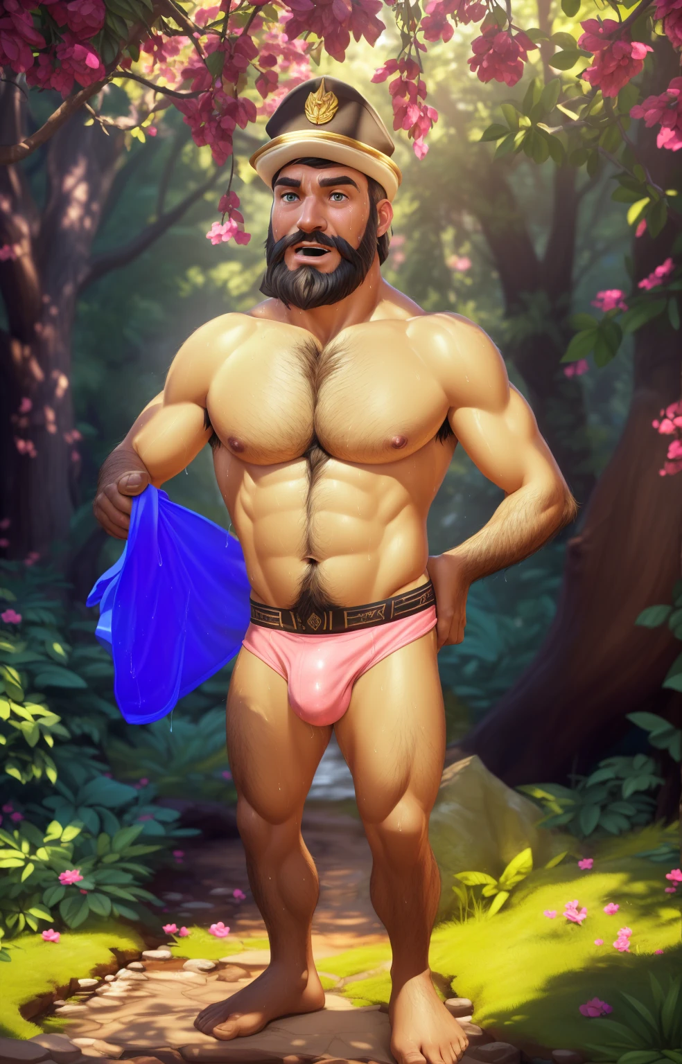 ((there is a man with a beard and a blue shirt on his arm)), (pose:Full Body Shot), (posing:Full Body Shot), (soft shading), (((4k, hi res, Ray tracing))), ((((extreme detailed sweat drops, glistening, glistening body))), (((five fingers, detailed hands))), ((detailed face, (detailed eyes:1.0), detailed)), by zackarry911, by zaush, (by personalami:0.5), looking at viewer, (((horny))), (((old and wise))),shirtless, 1boy, (((body hair))), standing, closed mouth,(((standing))),(((Armpit hair, beard,body hair, nude, thick chest hair, beard, tuft, chest tuft, arm tuft,hairy feet,hairy belly))),(((muscular, sixpack))) ,male focus, black hair, nature, captain hat, (((extreme detailed men pink bikini,pink underwear))), // ((Human,penis bulge))