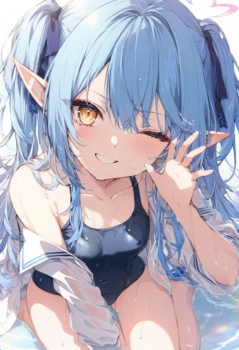 (muste piece), (best quality), (score_9, score_8_up, score_7_up), very detailed eyes, expressive eyes, perfect face, very detailed face, highly detailed face, beautiful girl, 8K, beautiful girl, white background, delicate and beautiful face and eyes, dark intense shadow,
1 girl, vtuber style, cool girl, hololive, Yukihana Lamy, Elf ears, blue hair, heart ahoge, school swimsuit, Unbuttoned serafuku, small chest, cropped shoulders, clavicle, wet body, wet hair, one eye close winking, smile, body visible through clothes, chest visible through clothes, ass visible through thighs, (full body), barefoot, naked thighs, sitting, open legs wide,