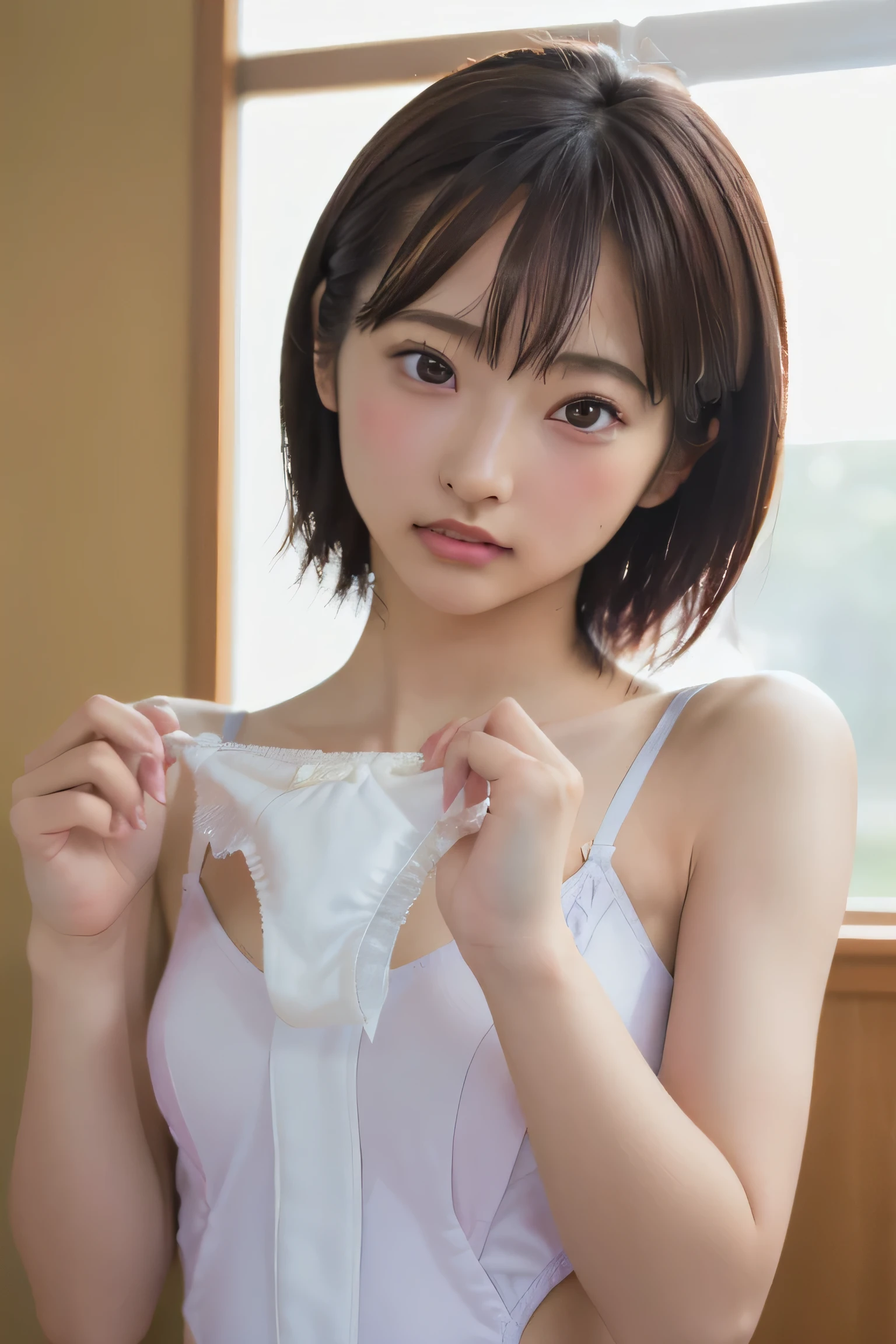 (8K, RAW Photos,Highest quality, High resolution:1.1), (超Realisticな:1.4),(Realistic, Realistic:1.3),The Beauty of Japan、((Upper Body:1.3))、Gymnastics Team - Flexible Leotards and Grips,holding panties ,  (Panties as a gift),(Detailed white silk panties:1.1),Focus Panties,(Blushing:1.3),(Panty stains),