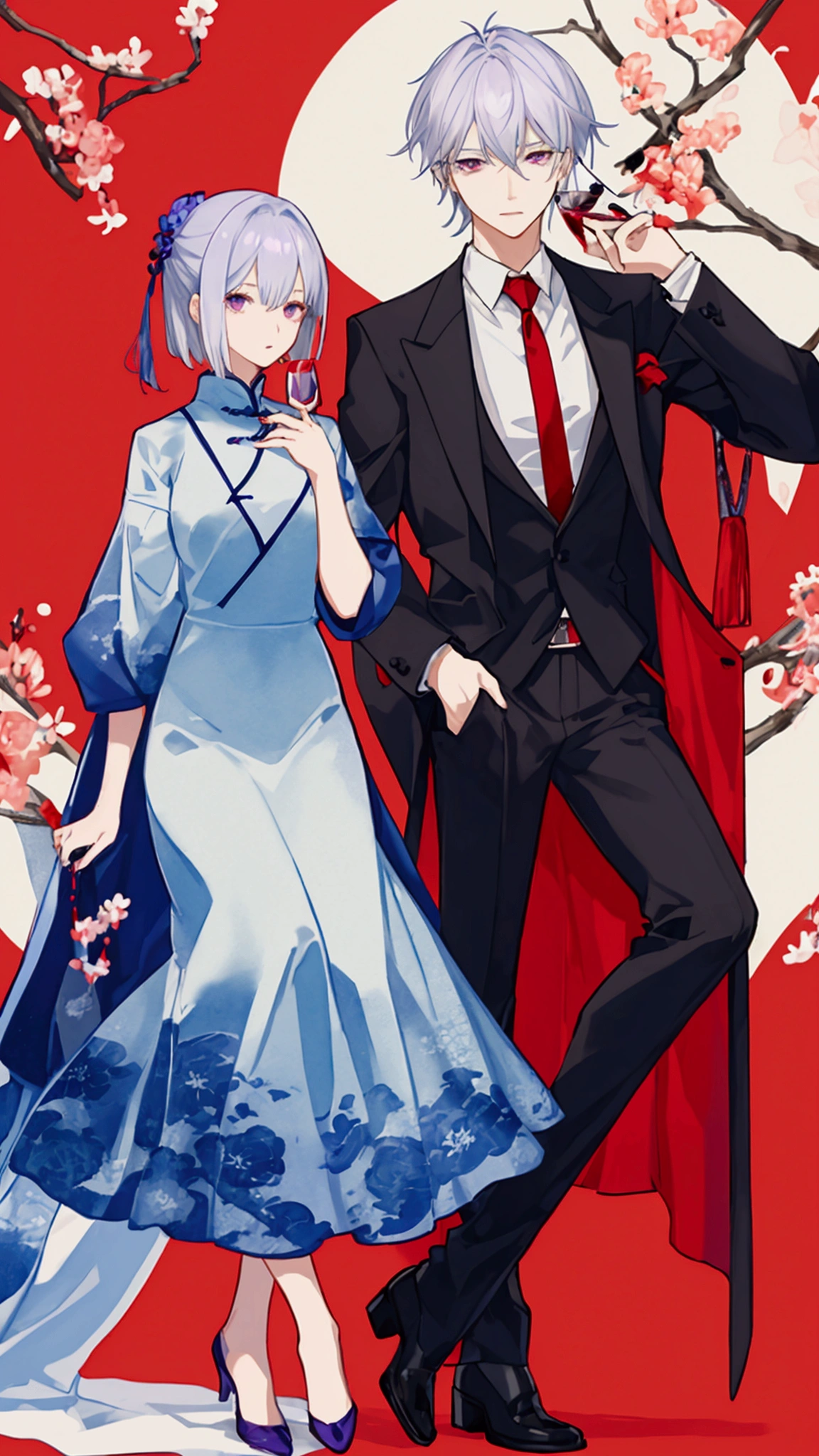 cool成人男性二人。派手なSilver Hair、watercolor、The guy on the right has red eyes、The guy on the left has purple eyes、Silver Hair、There are meshes of various colors in the hair.、holding a wine glass、Wearing a host's suit。cool。delicate。short hair、The nape is long。The color of the nape is red、More clearly。Her hair is short、Same height。Only two people