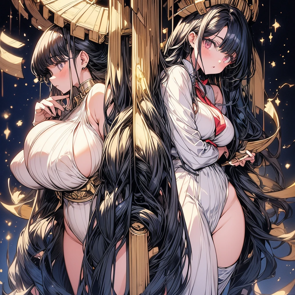 a group of 10 beautiful tall goddess-like anime girls, highly detailed faces and expressions, perfect hourglass figures, extremely large breasts much larger than their heads, wearing revealing tight short uniforms that barely contain their voluptuous bodies, bent over in a tempting pose exposing their underwear, ultra-detailed, photorealistic, 8k, dramatic lighting, cinematic angle, masterpiece