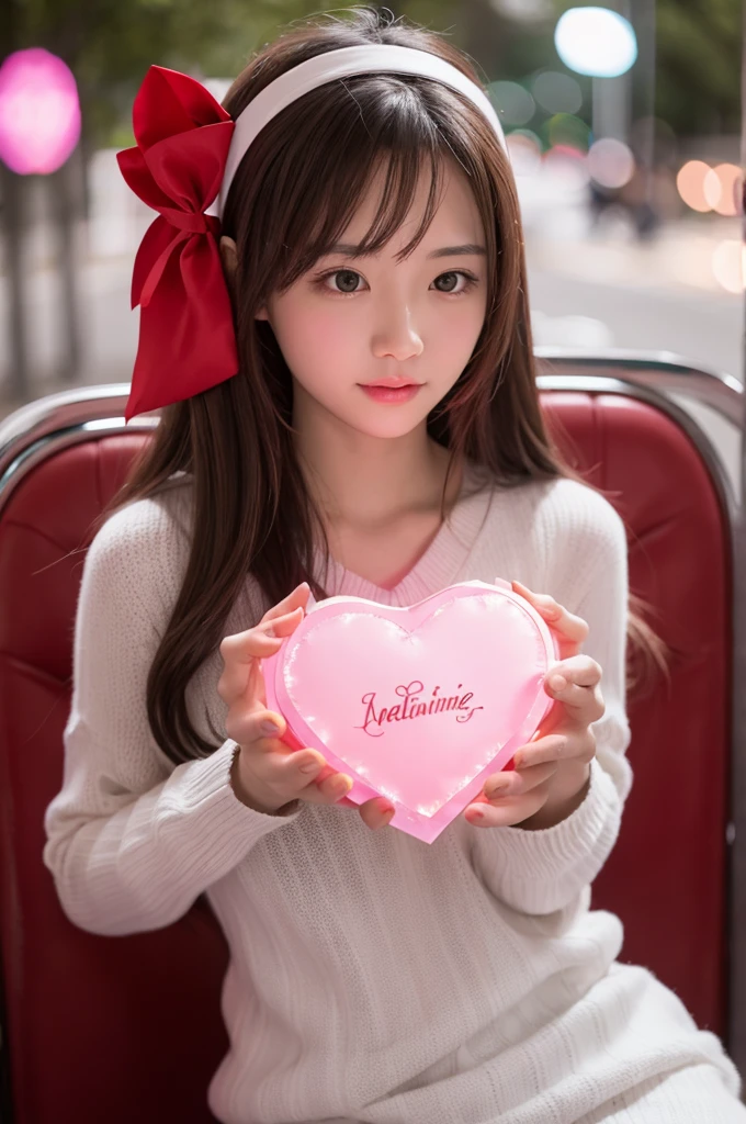 Masterpiece, 4K, bokeh, 55mm, F=1.2, Beautiful girl, (Japanese idle:1.6), (Cat ears:1.3), Light brown eyes, soft hair, (The background features soft light particles and subtle bokeh effects:1.6), Looking at the viewer, Closeup, Hold heart shaped baloon, (Pink and brack and white cow pattern hoodie:1.4), (many Big Heart-shaped balloons:1.6), from below, (Pink background:1.4)